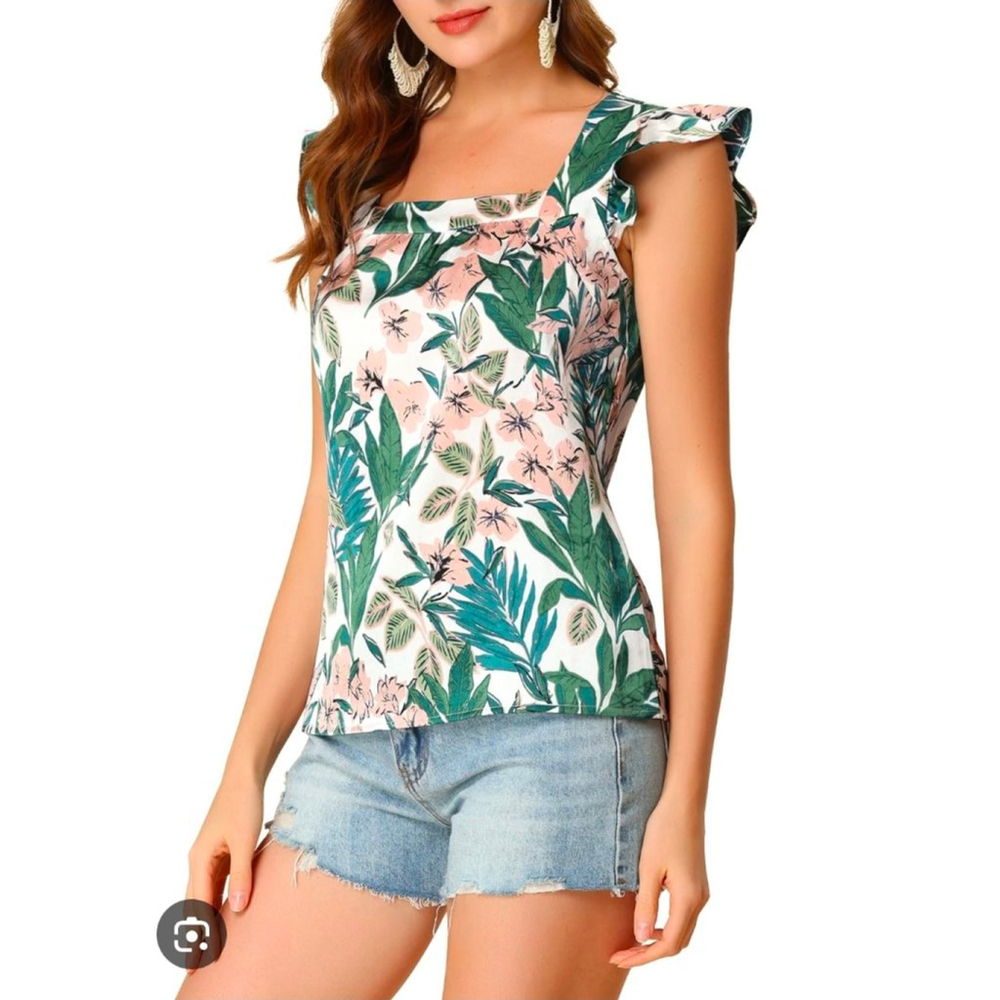NWOT Women's AllegraK Floral Satin Square Neck Top Ruffle Sleeve White Green M